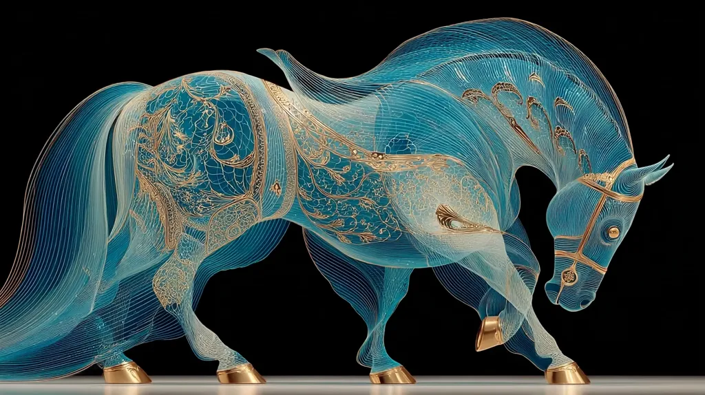 A stunning turquoise and gold horse sculpture is depicted against a black background.  Its flowing mane and tail are rendered in delicate, linear detail, suggesting movement and grace. Intricate gold designs adorn the horse's body, adding a touch of opulence.  The horse's pose is elegant, head bowed slightly, with golden hooves adding a final touch of luxury to the piece. The overall effect is one of ethereal beauty and refined craftsmanship.