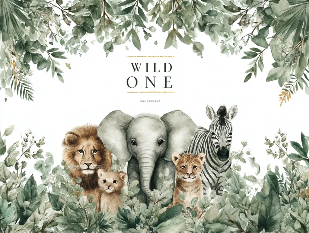 A watercolor illustration depicts a "Wild One" theme.  A majestic elephant stands center, flanked by a lion and lion cub to its left, and a zebra and a smaller lion cub to its right. Lush greenery frames the animals, creating a vibrant, jungle-like border.  The overall style is soft and elegant, suitable for a first birthday invitation or celebratory artwork.
