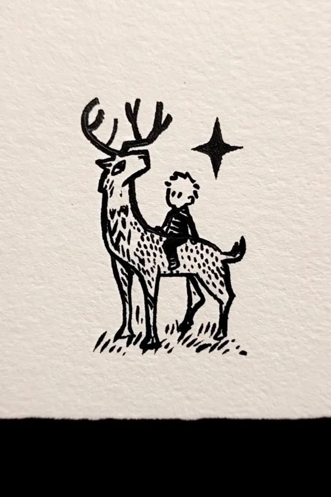 A simple black ink drawing depicts a child sitting atop a deer, both gazing upward towards a small, shining star. The style is reminiscent of children's book illustrations, with bold outlines and minimal detail.  The deer has large antlers and a spotted coat. The scene evokes a sense of wonder and adventure.