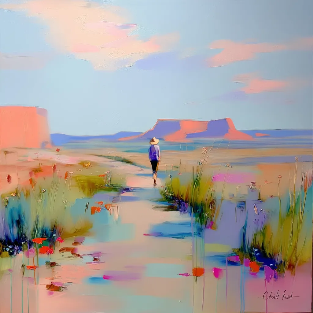 A vibrant, impressionistic painting depicts a lone figure walking down a path through a colorful landscape.  The path winds towards a distant, reddish mesa under a pale blue sky with wispy clouds.  Bright wildflowers and grasses line the path, rendered in loose, expressive brushstrokes. The overall mood is serene and evocative of a vast, open space.