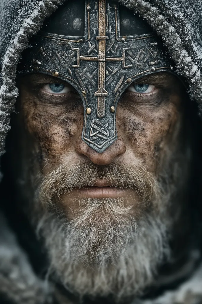 A close-up portrait of a weathered, grizzled warrior.  His face is partially obscured by a metal helmet featuring a prominent cross, showing intense, piercing blue eyes.  A long, gray beard frames his stern expression.  The snow-dusted hood of his cloak adds to the image's harsh, cold atmosphere, suggesting a scene of battle or harsh winter.  The overall impression is one of strength, age, and stoicism.