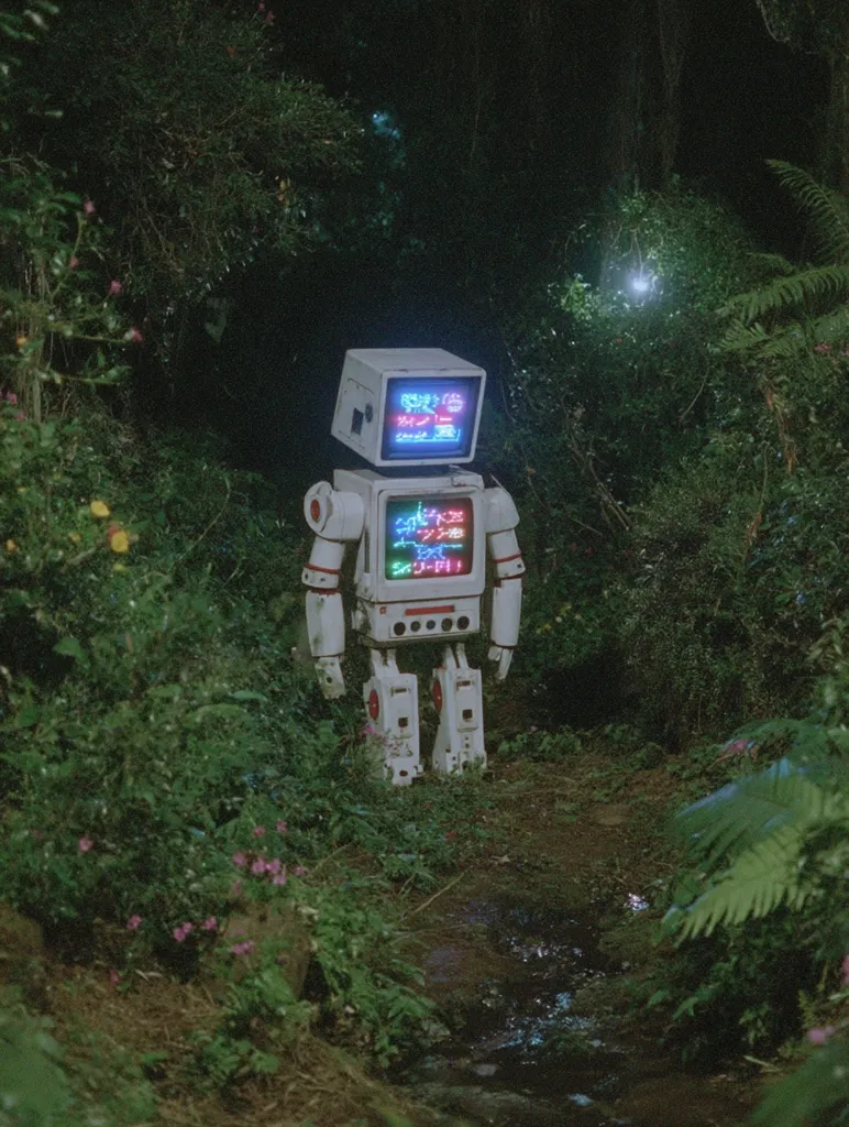 A retro-styled robot, predominantly white with red accents, stands on a dimly lit path amidst lush greenery.  Its head and chest feature small screens displaying colorful, possibly Japanese, text. The scene evokes a whimsical, slightly eerie atmosphere, like a still from a fantasy film or video game.  The robot seems to be exploring a secluded woodland area.