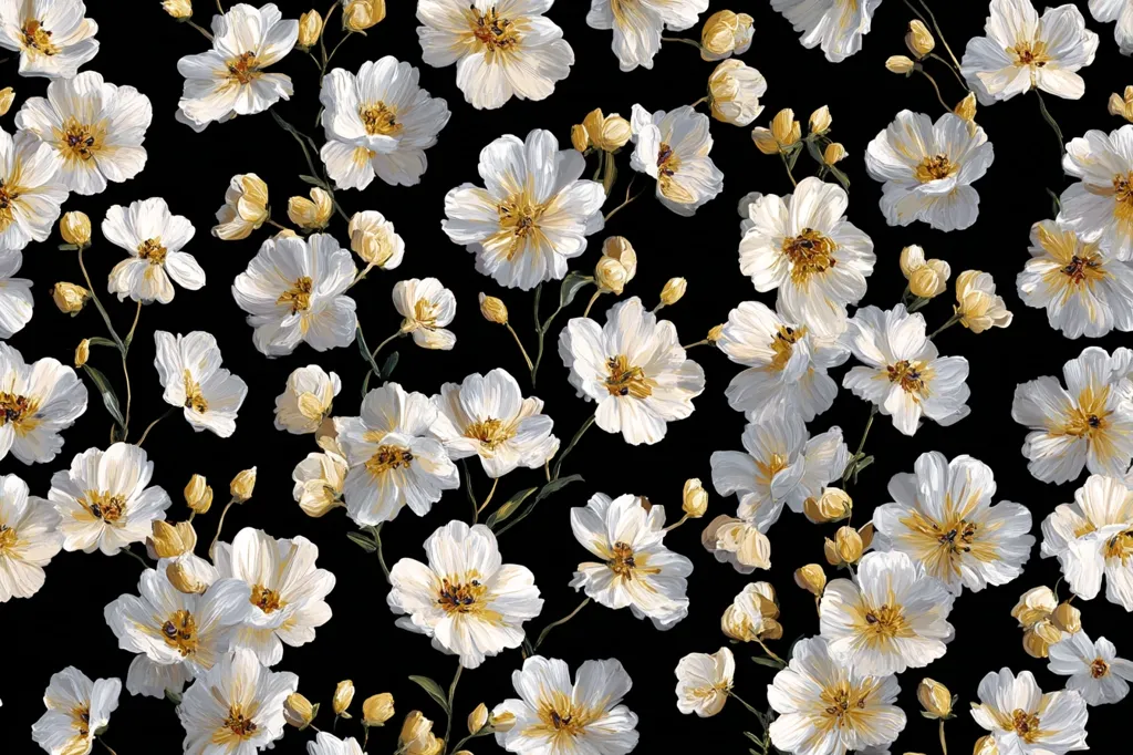 A repeating pattern of off-white flowers with yellow centers on a black background. The flowers are depicted in a painterly style, with visible brushstrokes.  They are scattered across the image, with varying angles and sizes, creating a dense and romantic floral design.  Small yellow buds are interspersed among the blossoms, adding to the overall aesthetic.