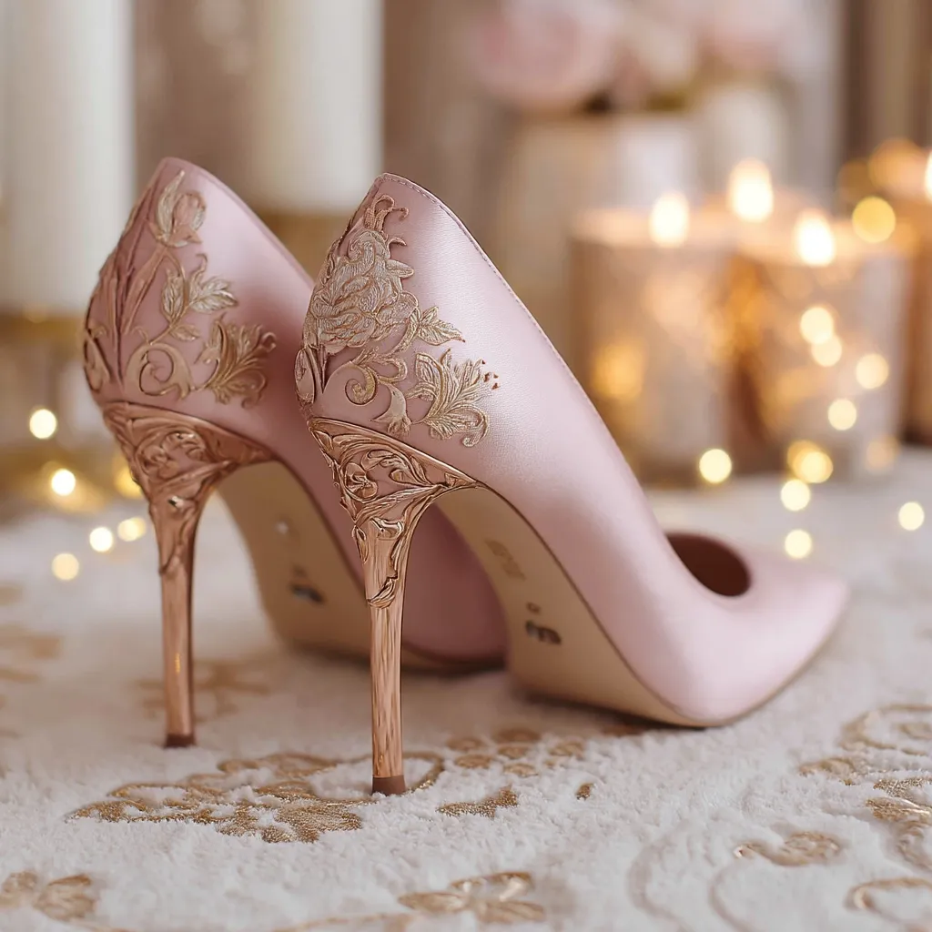 A pair of elegant blush pink satin high heels with intricate gold floral embroidery adorns the heels.  The rose gold stiletto heels add to the luxurious feel.  The shoes rest on a plush, light-colored surface with a subtle pattern, and a soft-focus background suggests a romantic, possibly wedding-related setting.