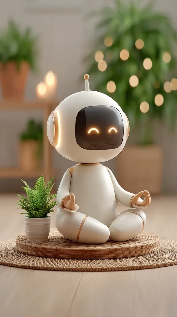 A cute, white robot sits cross-legged on a woven mat, meditating peacefully.  Soft lighting illuminates its face, showcasing a gentle, smiling expression. A small potted fern sits beside the robot, adding to the serene atmosphere. The background is blurred, featuring warm-toned bokeh lights and lush greenery, enhancing the calming mood.