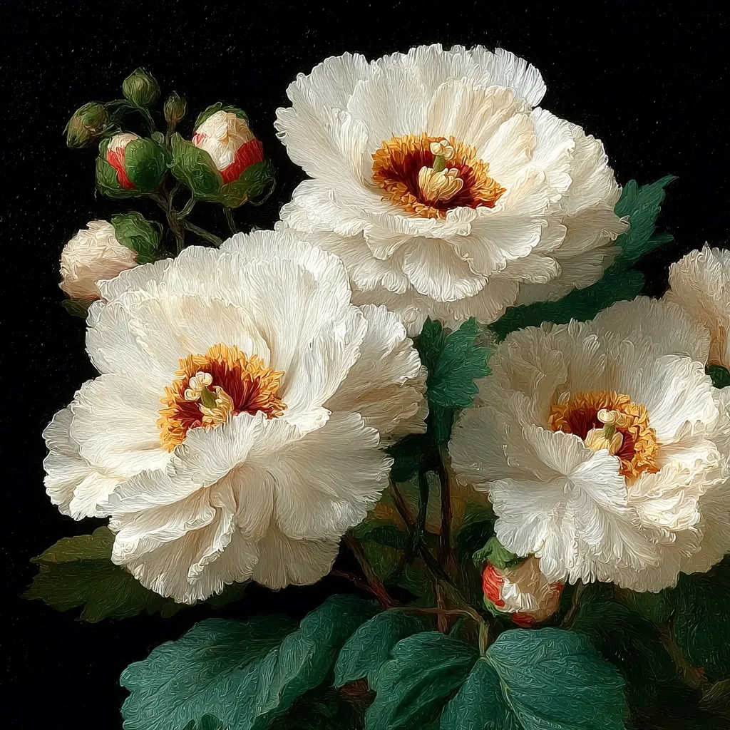 A close-up painting showcases three opulent white peonies, their numerous petals exhibiting a textured, almost sculpted quality.  The peonies' centers feature a striking contrast of warm, reddish-brown tones surrounded by a lighter yellow. Lush green foliage frames the blossoms against a deep black background, enhancing the flowers' vibrancy and emphasizing the painterly style.  Unopened buds hint at future blooms.