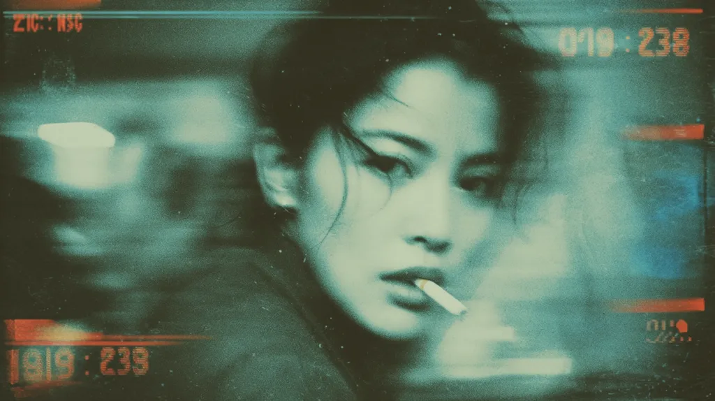 A stylized portrait of a young woman, her face partially obscured by a hazy, teal filter.  She holds a cigarette, exhaling smoke.  The image is overlaid with a grainy texture and digital timestamps, suggesting a vintage or film-like aesthetic.  The overall mood is melancholic and atmospheric.