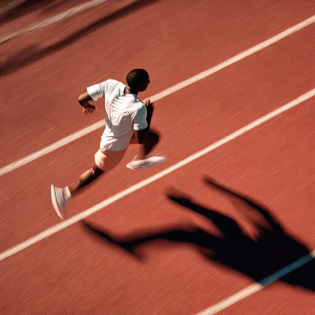 A high-angle, motion-blurred shot captures a male runner sprinting on a red running track.  He wears a white shirt and light-colored shorts.  His shadow stretches long behind him, emphasizing the speed and intensity of his run. The image evokes a sense of athleticism and determination.