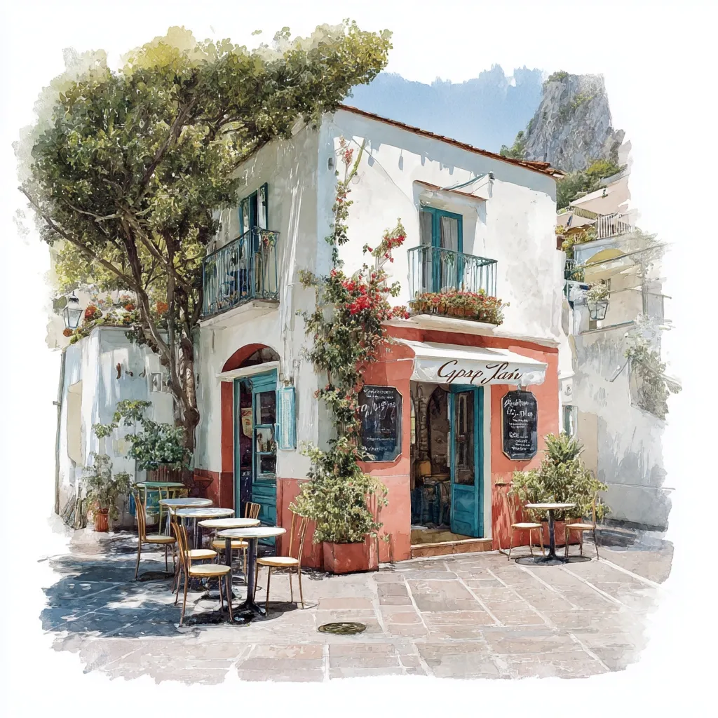 A watercolor painting depicts a charming cafe, "Cyparissi," nestled in a sun-drenched Mediterranean town.  The white building, adorned with vibrant flowers and a teal door, features a small outdoor seating area with tables and chairs.  A lush green tree provides shade, and the background hints at a mountainous landscape. The overall style is evocative of a picturesque Italian coastal village.