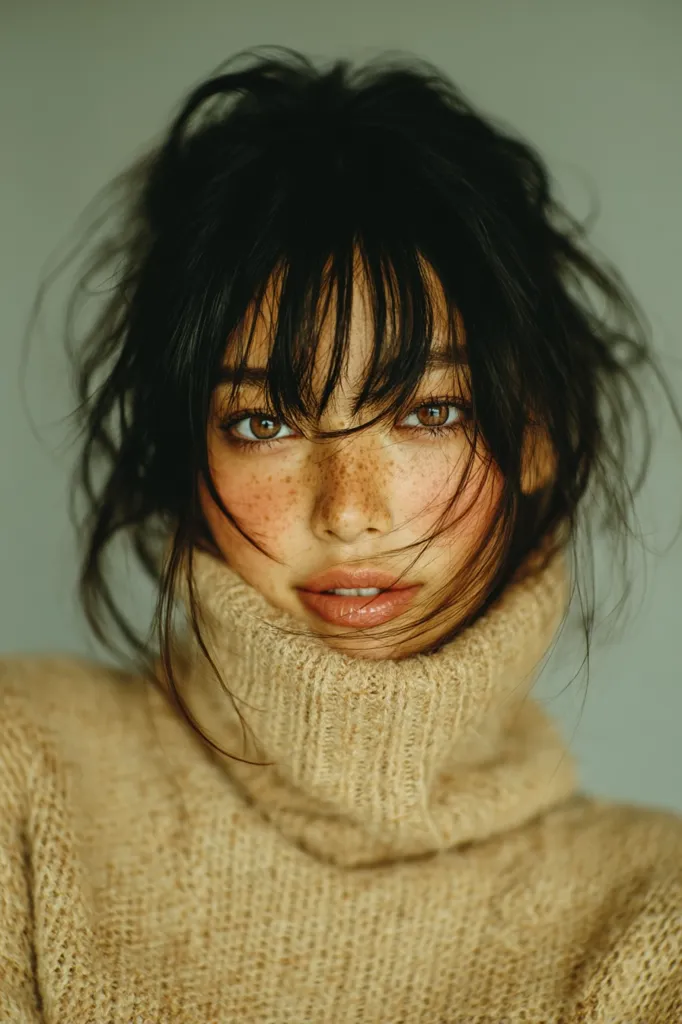 Close-up portrait of a young woman with dark, tousled hair and freckles.  She wears a light beige turtleneck sweater. Her expression is soft and slightly windblown, her gaze directed at the camera. The image has a warm, natural feel, with muted tones and soft lighting.  Her brown eyes are prominent, and her lips are subtly colored.