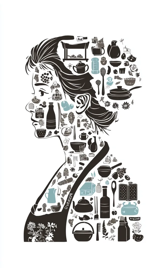 A stylized profile of a woman is formed from numerous small illustrations of kitchenware, food items, and plants.  The woman's hair and dress are composed of the images, creating a cohesive and detailed silhouette.  The style is reminiscent of vintage illustrations, utilizing a limited color palette of blacks, grays, and a muted teal. The overall effect is both artistic and evocative of culinary themes.