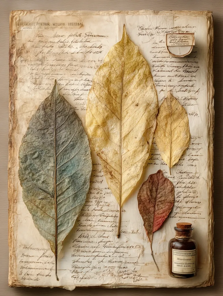 An antique book, its pages filled with faded handwritten script, lies open.  Pressed within are several dried leaves, varying in shades of brown, gold, and muted green, their delicate veins still visible.  A small, dark apothecary bottle rests on the aged paper, adding to the image's sense of history and forgotten remedies.  The overall effect is one of quiet nostalgia and botanical study.