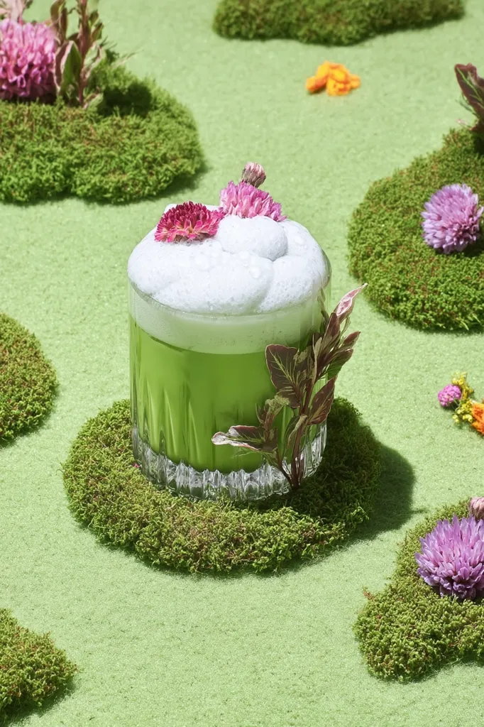 A refreshing green beverage, topped with a fluffy white foam and adorned with vibrant purple flowers, sits nestled in a miniature moss landscape.  The drink is presented in a short, clear glass, enhancing its vibrant color. The surrounding mossy patches create a whimsical, nature-inspired setting, with small wildflowers scattered throughout the scene. The overall aesthetic is one of calm and natural beauty.