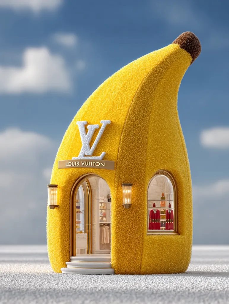 A whimsical Louis Vuitton store is shaped like a giant yellow banana.  The fuzzy banana-shaped building features the iconic LV logo and displays clothing in its windows.  Gold accents add a touch of luxury.  It sits on a light-colored surface against a bright, partly cloudy sky.  The overall effect is playful and unexpected, merging high fashion with whimsical design.