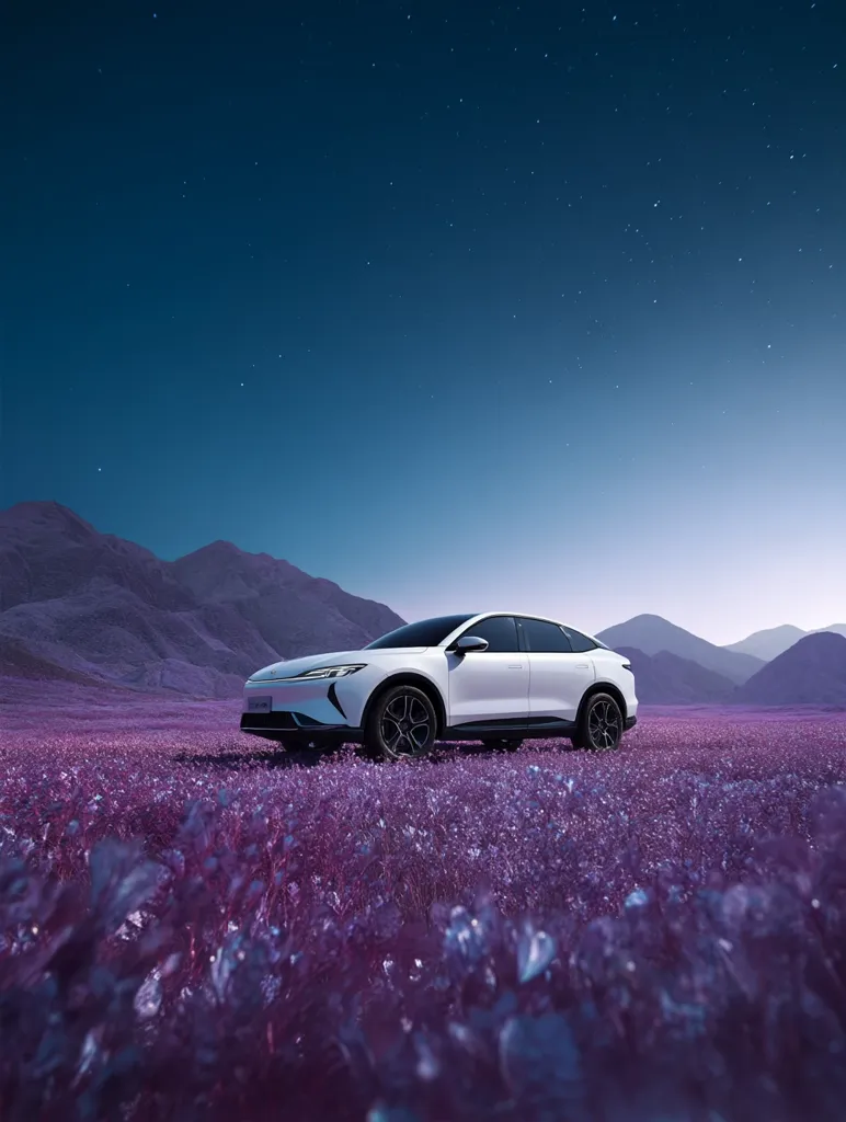 A sleek, white electric SUV sits in a field of vibrant purple flowers under a twilight sky.  Mountains form a dramatic backdrop, silhouetted against the deep blue of the night sky speckled with stars.  The scene evokes a sense of serenity and futuristic elegance. The car appears modern and luxurious, contrasting beautifully with the natural landscape.