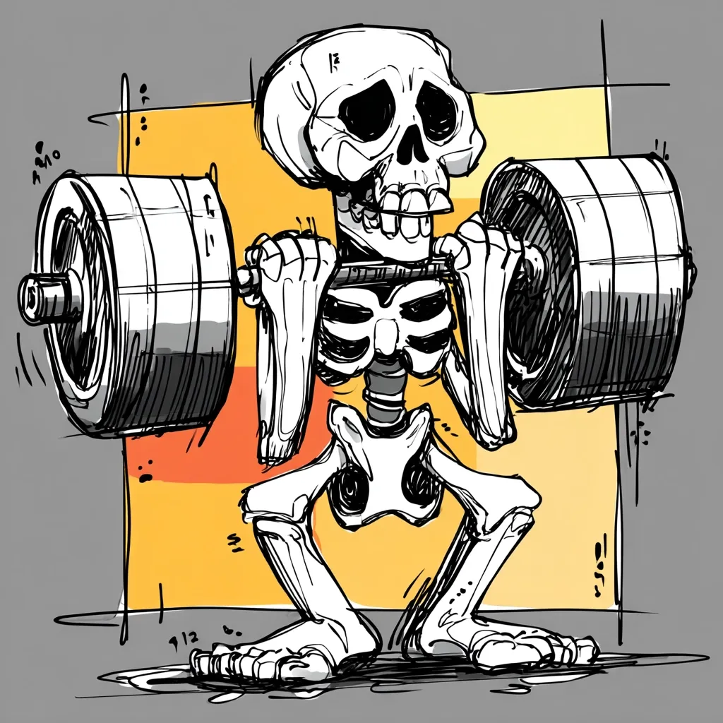 A cartoon skeleton, with a determined expression, performs a heavy barbell squat.  The skeleton's skull is prominent, and its bony structure is clearly detailed.  The weightlifting scene is set against a vibrant orange and yellow background, with sketchy lines adding to the dynamic feel of the illustration.  The image is humorous yet shows impressive strength.