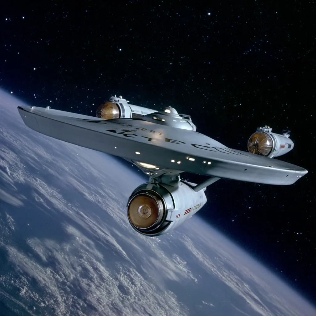 The iconic starship Enterprise from Star Trek soars through space.  Its saucer section and nacelles are clearly visible against the backdrop of a star-filled sky and the swirling clouds of Earth below.  The ship's registration number, NCC-1701, is partially visible.  The image evokes a sense of adventure and exploration, capturing the spirit of the beloved science fiction franchise.