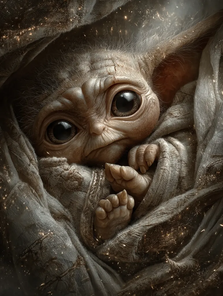 A close-up depicts a baby Yoda-like creature nestled in a worn, gray fabric.  Its large, dark eyes and wrinkled skin are prominent features.  The creature's small hands and feet are visible, clutching the fabric.  Golden dust motes appear to surround it, creating a mystical, ethereal ambiance. The image evokes feelings of tenderness and wonder.