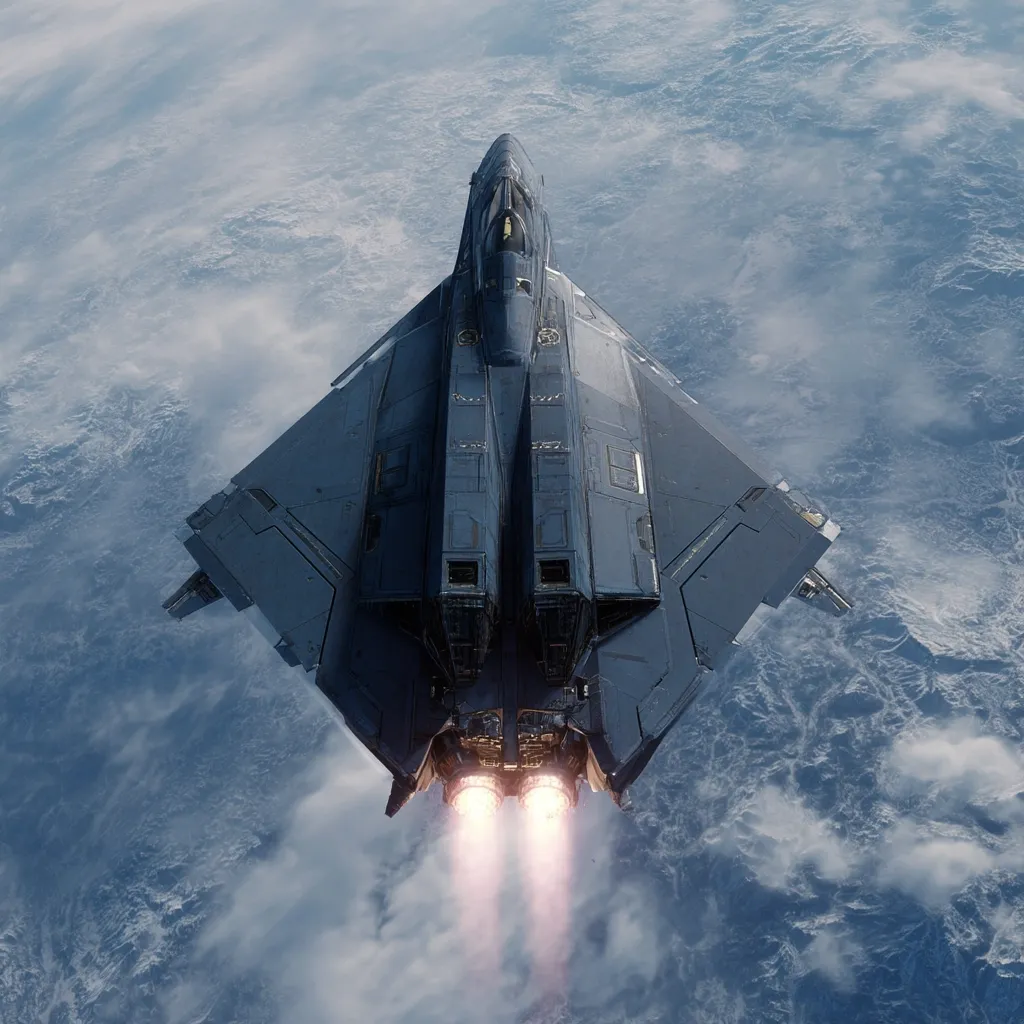 A sleek, dark gray spacecraft, possibly a fighter jet or advanced aircraft, descends towards a cloudy planet.  Its design is angular and futuristic, with twin engines emitting bright exhaust plumes. The craft appears to be in atmospheric flight, suggesting either atmospheric re-entry or a low-altitude pass.  The perspective is from directly above, highlighting the ship's detailed structure and powerful propulsion system.