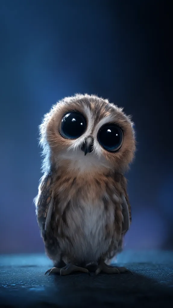 A digitally rendered baby owl with large, expressive eyes is the focus of the image.  Its fluffy brown and grey plumage is soft and detailed. The owl is perched on a dark, subtly textured surface against a deep blue background. The overall mood is serene and slightly melancholic, emphasizing the owl's endearing features.