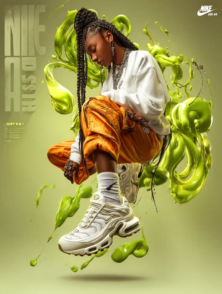 A young woman with long braids sits amidst vibrant lime green paint splashes, showcasing Nike Air Max Plus sneakers.  She wears orange cargo pants and a white sweatshirt, accessorized with silver jewelry. The image is stylized, with dynamic paint splatter forming a dramatic backdrop, and the Nike logo prominently displayed. The text "NIKE AIR" and "JUST DA I" are visible, suggesting a promotional campaign or artistic collaboration.