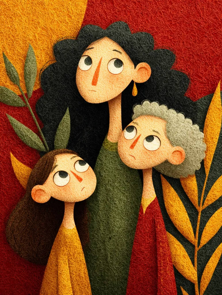 A stylized illustration depicts three generations of women: a young girl, her mother, and her grandmother.  They stand close, their expressions pensive and unified.  The artwork uses a textured, almost fabric-like style, with earthy tones of yellow, red, and green.  Floral elements frame the figures, adding to the warm, familial atmosphere.