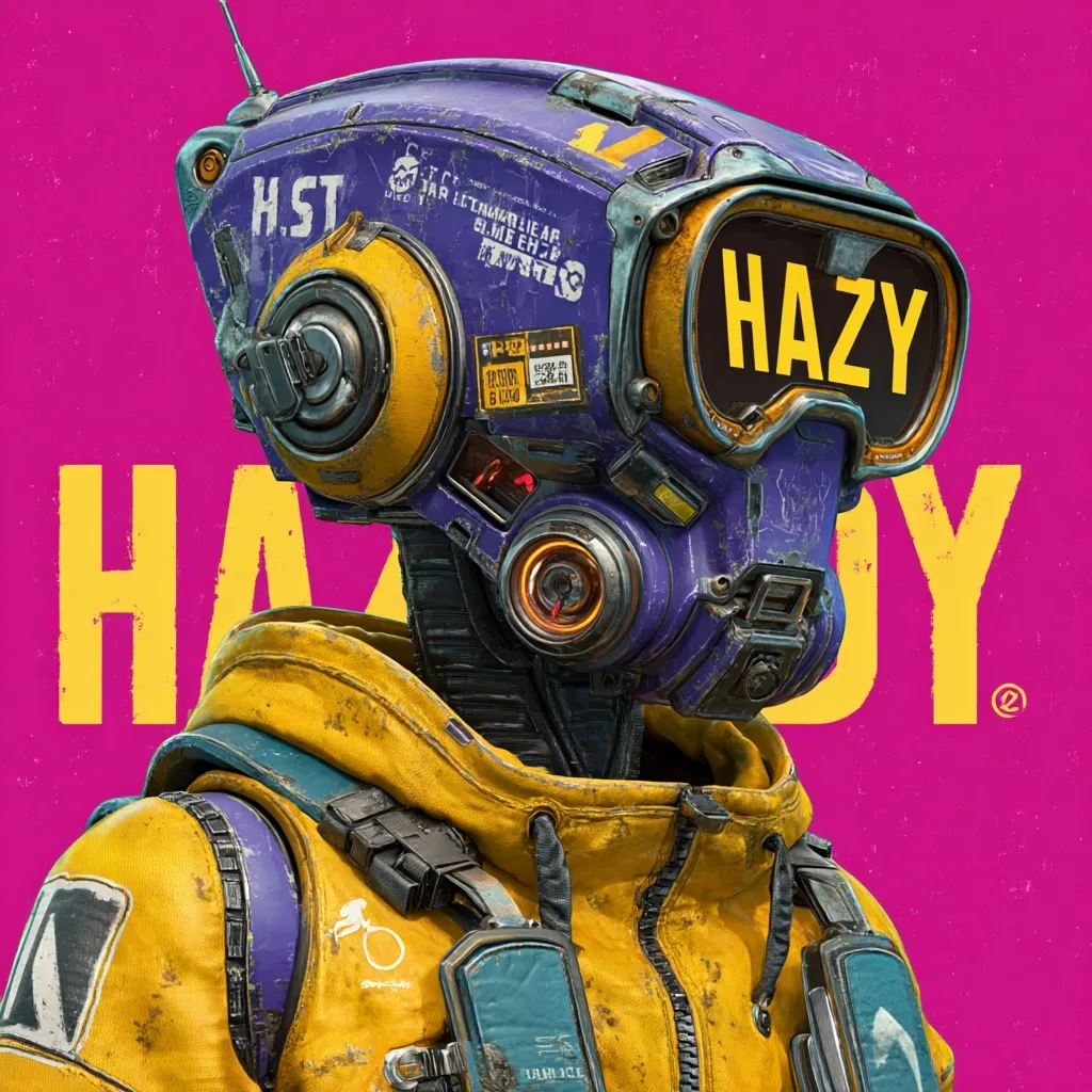 A stylized robotic figure, predominantly yellow and purple, is depicted against a vibrant pink backdrop.  The robot's helmet features the word "HAZY" prominently displayed on a visor.  The helmet and suit show signs of wear and tear, adding to a futuristic, grunge aesthetic.  Various technical markings and numbers are visible on the robot's equipment, enhancing its detailed, cyberpunk-inspired design. The image is likely promotional material, possibly for a game or film.