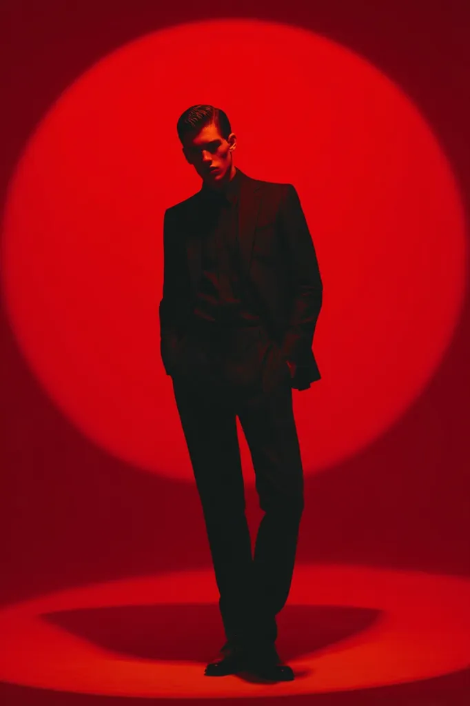 A sharply dressed man in a black suit stands against a vibrant red backdrop.  The red light creates a dramatic, almost cinematic effect, highlighting his silhouette. His posture is relaxed yet confident, hands in pockets. The overall image is moody and stylish, emphasizing a sense of mystery and sophistication.