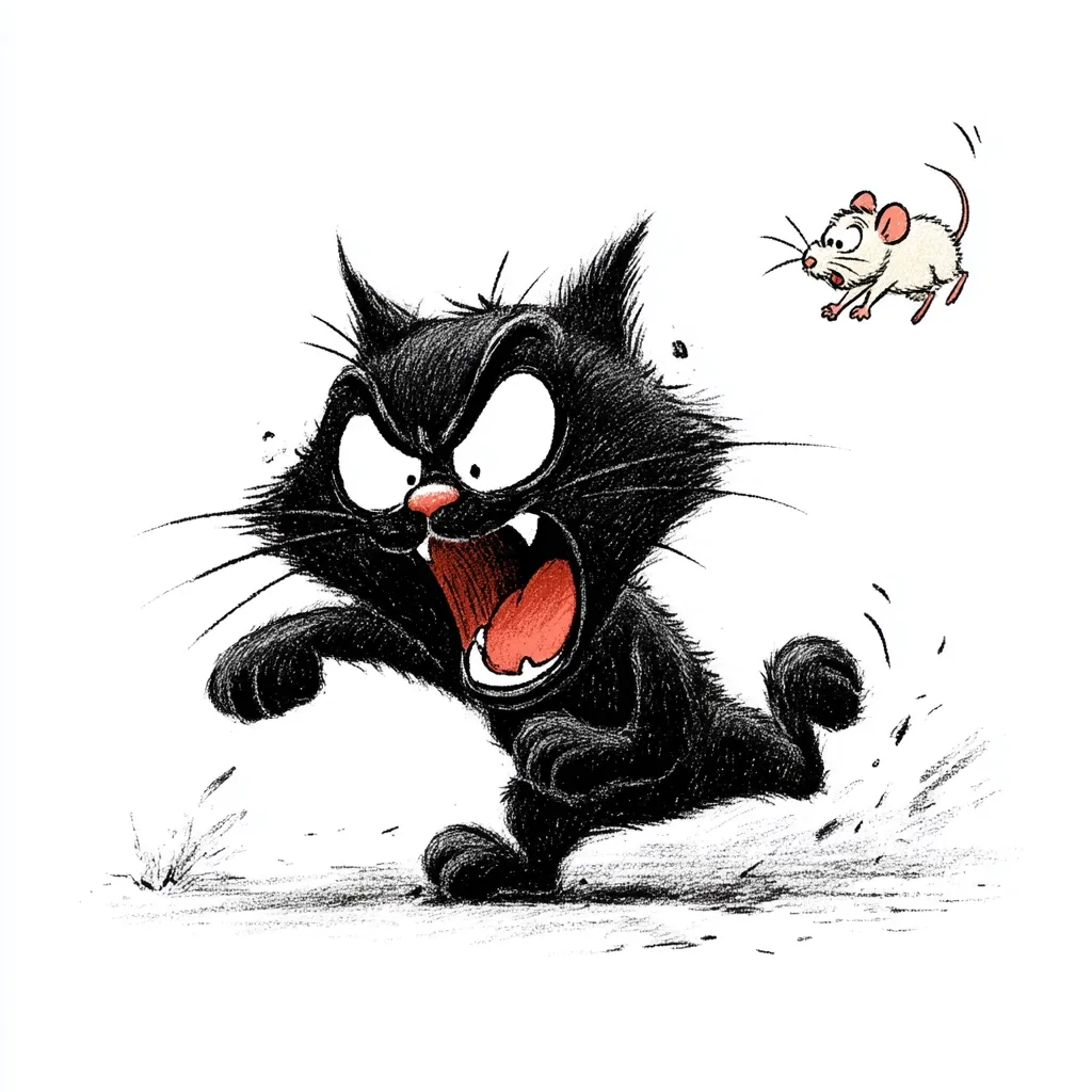 A furious black cat, its fur bristling, chases a tiny white mouse. The cat's mouth is wide open in a ferocious yell, its eyes narrowed in intense focus. The mouse, small and seemingly terrified, scurries away. The scene is rendered in a dynamic, expressive style with a focus on the cat's aggressive energy and the mouse's fear.  The background is simply sketched, drawing attention to the central action.
