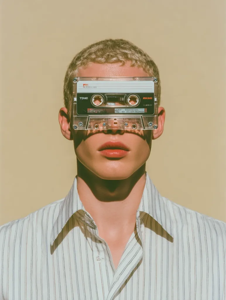 A young man with blond hair wears a crisp, vertically striped collared shirt.  A transparent cassette tape is held horizontally across his eyes, obscuring his face.  The image is styled with a vintage, retro aesthetic, emphasizing the cassette tape as a focal point against a muted beige background. The overall effect is one of understated cool and nostalgic style.