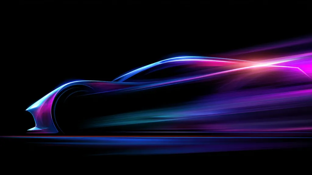 A stylized silhouette of a sleek, futuristic sports car is depicted against a black background.  Vibrant streaks of blue, purple, and pink light emanate from the car, suggesting high speed and motion blur.  The car's form is only partially visible, emphasizing its dynamic energy and leaving room for interpretation of its design. The overall effect is one of intense speed and modern aesthetics.