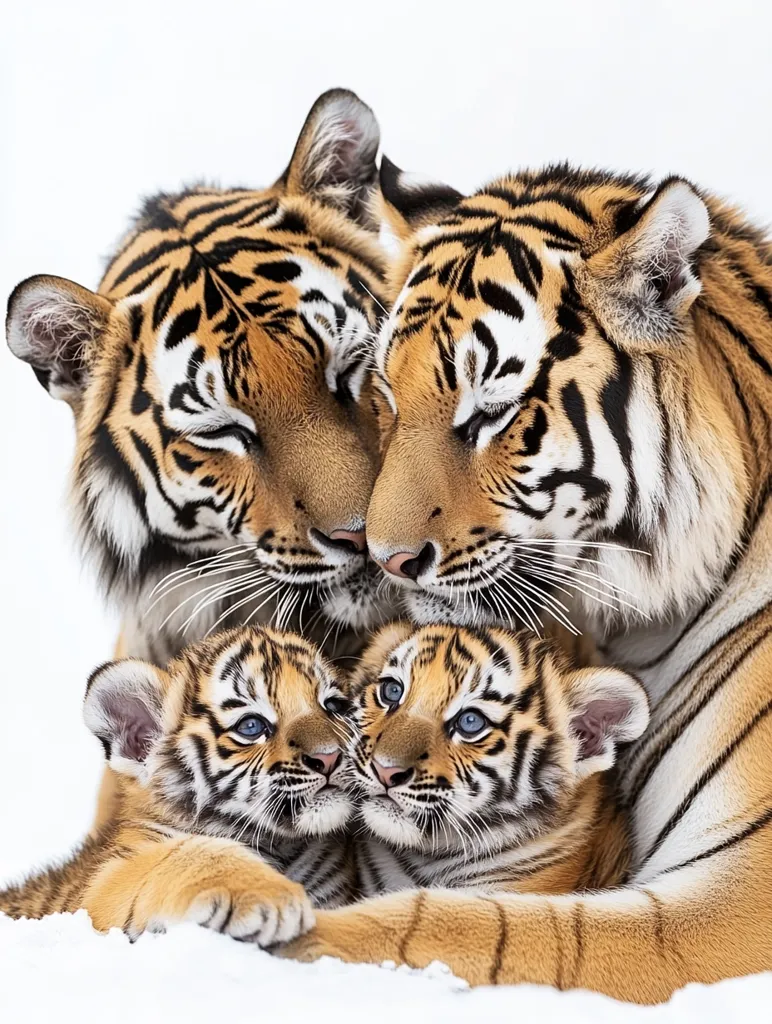 Two adult Siberian tigers tenderly embrace their two adorable cubs in a heartwarming display of familial love.  The cubs, with their striking blue eyes, nestle closely to their parents amidst a snowy white backdrop. The image exudes warmth and the powerful bond between a tiger family.