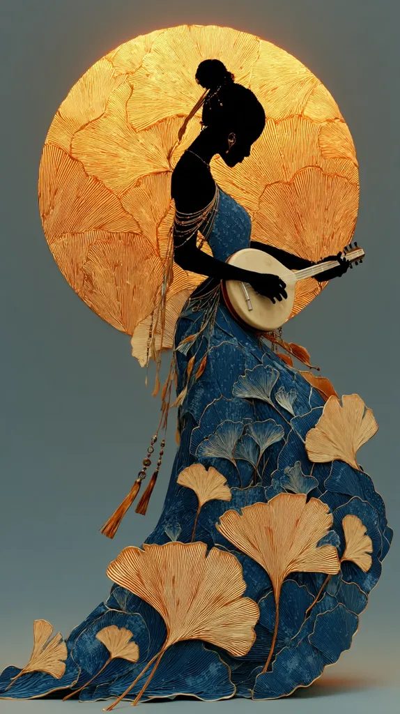 A stylized silhouette of a woman in a flowing blue gown adorned with golden ginkgo leaves plays a banjo.  She is positioned against a large, golden circular backdrop, also decorated with ginkgo leaf designs. The overall aesthetic is elegant and evocative, blending elements of art deco and African influences.  The image is rich in texture and contrasts of light and dark.
