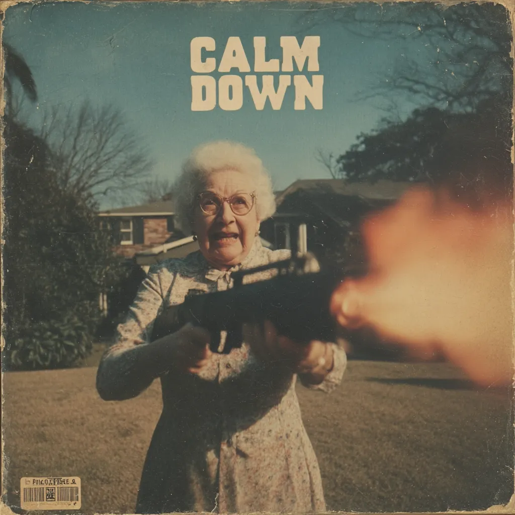 The album cover features an elderly woman, glasses perched on her nose, fiercely aiming a submachine gun.  A fiery blast erupts from the barrel.  The title "CALM DOWN" is prominently displayed above her, creating stark irony. The image's vintage aesthetic, reminiscent of old photographs, enhances the humorous juxtaposition of a sweet-looking granny with a powerful weapon.  The overall effect is unexpected and captivating.