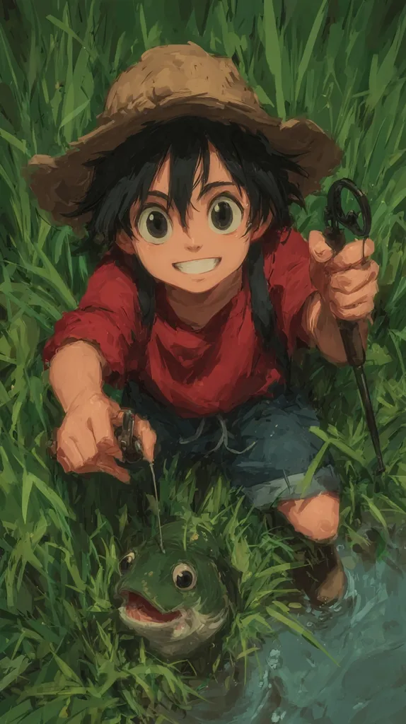 A young anime-style boy, wearing a straw hat and red shirt, smiles brightly as he holds a fishing rod.  A large fish with wide eyes is on the line, partially submerged in the lush green grass near the water's edge.  The overall style is painterly and evocative of a peaceful outdoor scene.