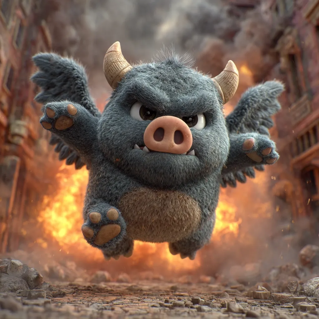 A fluffy, grey, pig-like creature with small horns and wings is depicted in mid-flight.  Its expression is angry, and it's flying low over a scene of fiery destruction and rubble.  The creature appears cartoonish yet menacing, suggesting a fantastical setting with elements of both cuteness and chaos.