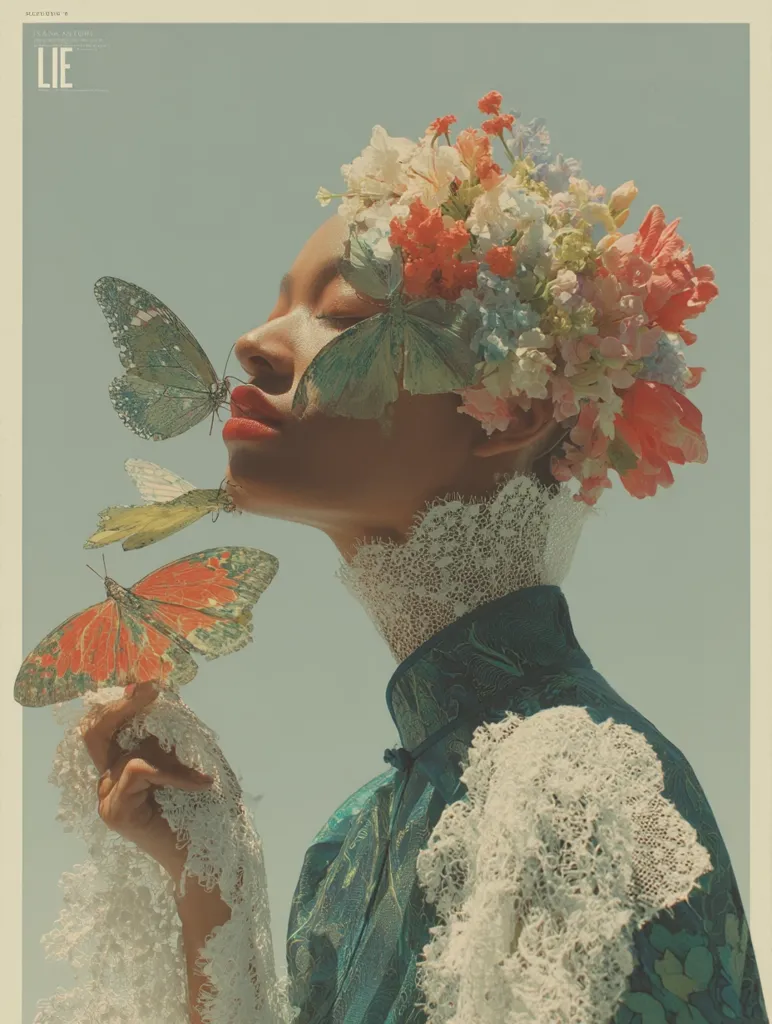 A woman with a crown of flowers adorns her head, her eyes closed serenely. Two butterflies, one orange and one teal, delicately rest near her face.  She wears a teal brocade dress with elegant white lace detailing, creating a dreamy, ethereal aesthetic. The overall mood is serene and whimsical, evoking a sense of fantasy and beauty. The word "LIE" is prominently displayed above, adding a layer of intrigue.