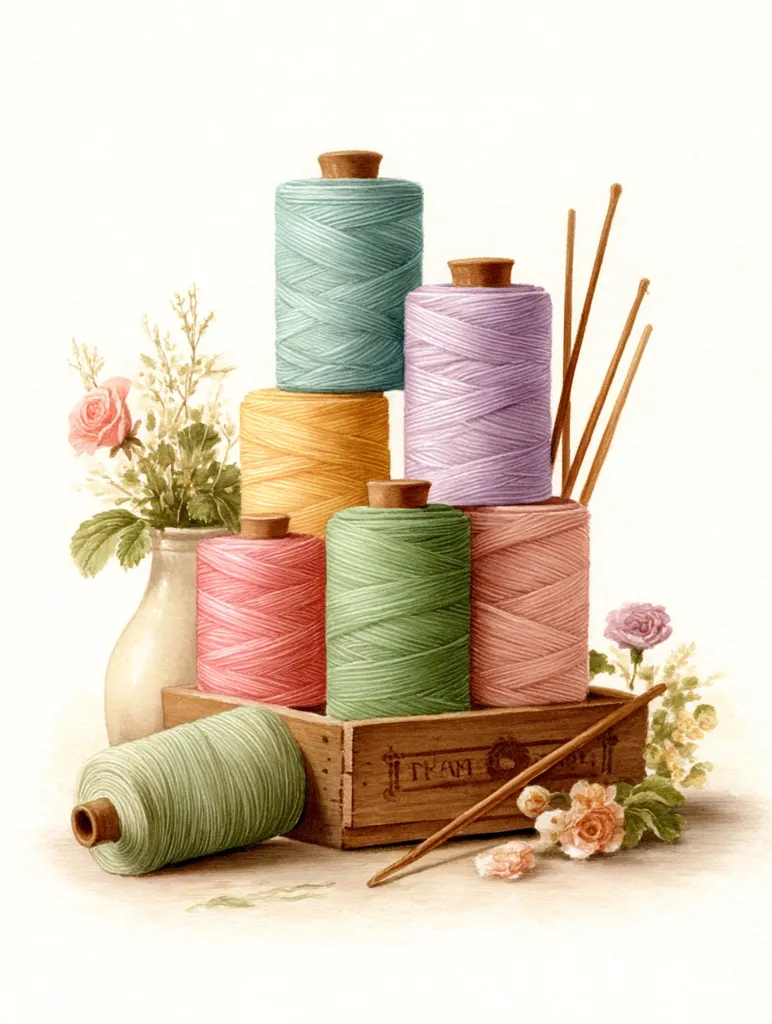A still life painting showcases pastel-colored spools of thread arranged in a wooden crate.  Various shades of pink, green, and yellow thread are displayed, alongside a vase of flowers and knitting needles.  The soft lighting and delicate colors create a serene and charming image reminiscent of vintage crafts and needlework.  The overall effect is one of gentle beauty and nostalgic appeal.