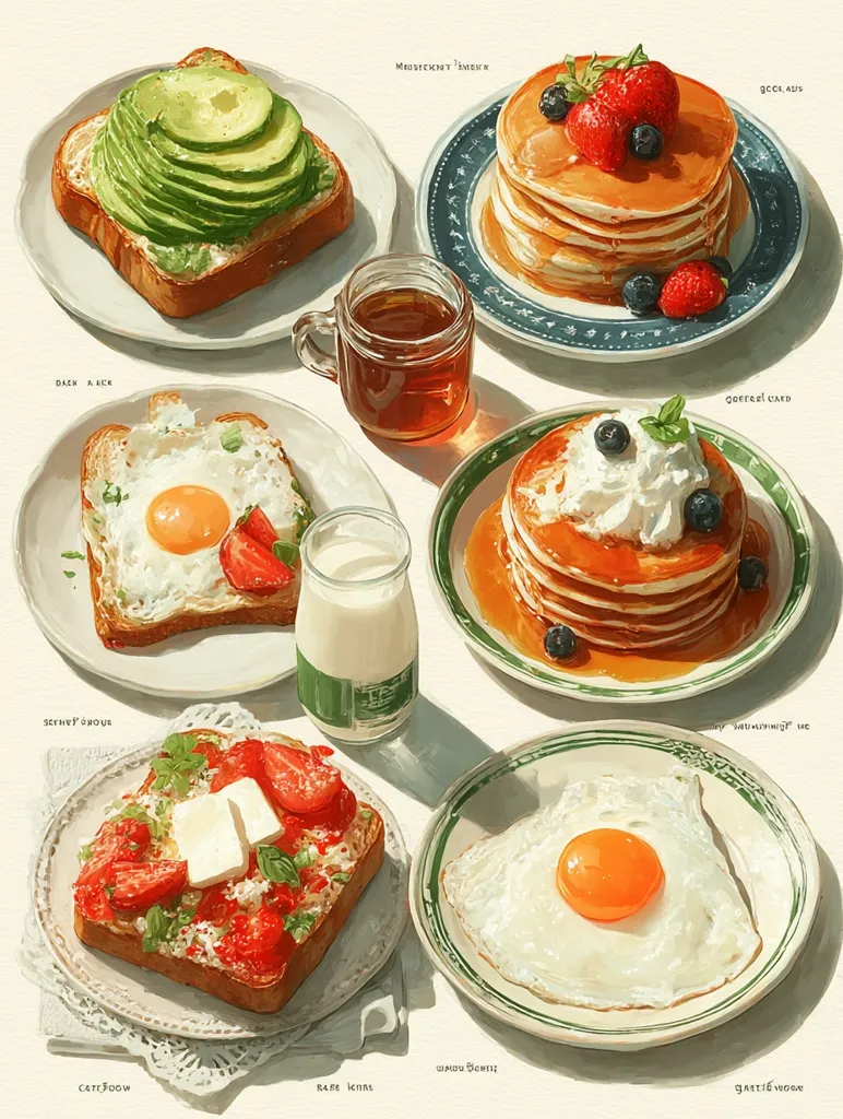 A delightful illustration showcases a breakfast spread: avocado toast, fried egg toast, strawberry toast, and two variations of pancakes – one with berries and another with whipped cream and blueberries.  Each dish is artfully presented on its own plate, accompanied by a cup of coffee and a glass of milk.  The style is soft, warm, and inviting.