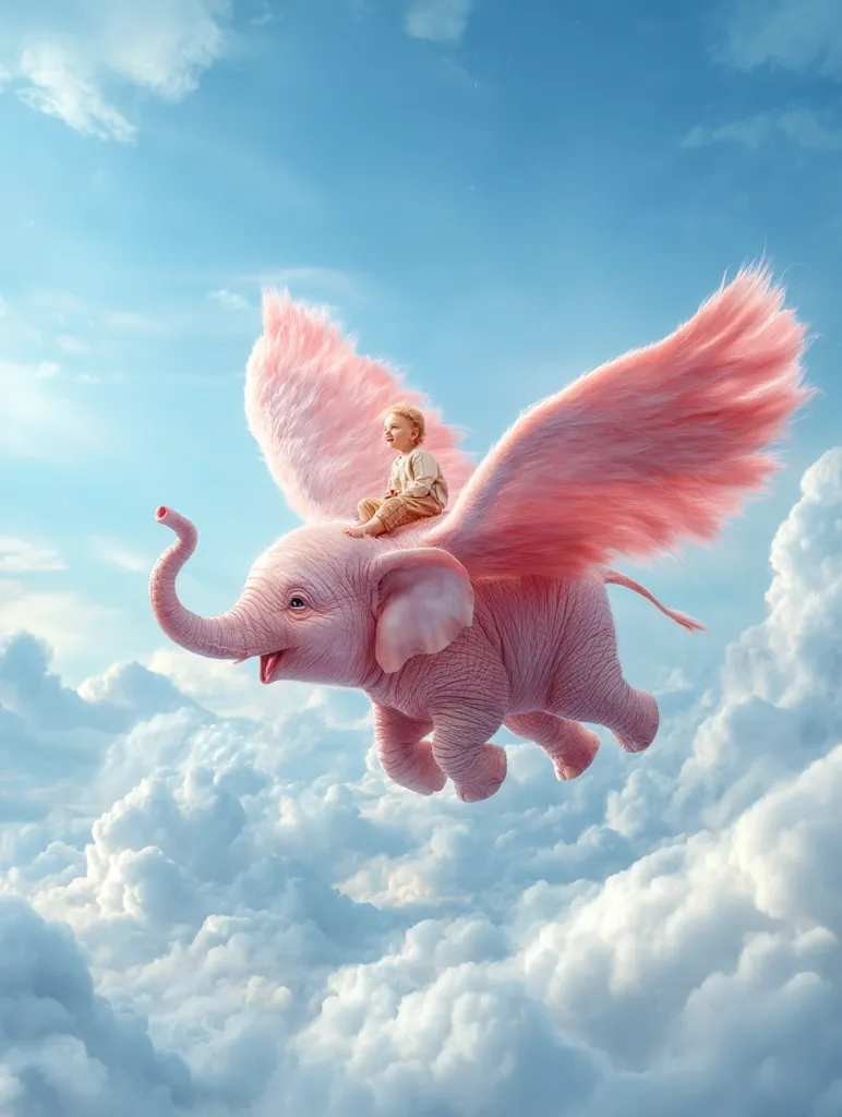 A young child sits atop a pink, winged elephant soaring through fluffy white clouds under a bright blue sky.  The elephant's wings are large and feathery, adding to the fantastical nature of the scene.  The image evokes a sense of wonder and childhood dreams, suggesting a journey of imagination and freedom.