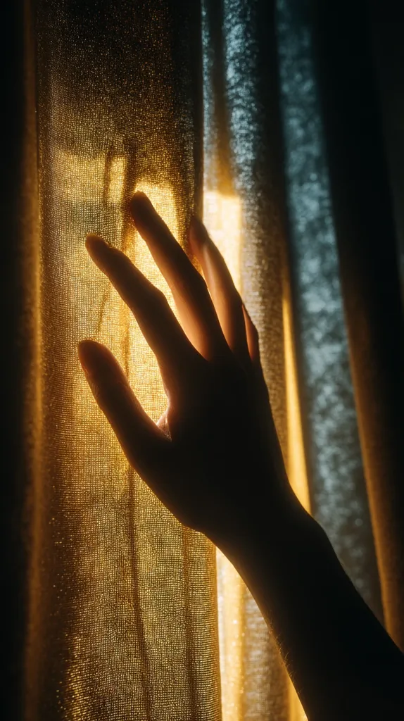 A hand reaches out and touches a sheer, golden curtain, backlit by sunlight. The fabric is textured and translucent, allowing the light to shine through. The contrast between the dark hand and the illuminated curtain creates a dramatic, atmospheric image, hinting at themes of mystery or contemplation. The scene is intimate and evocative.