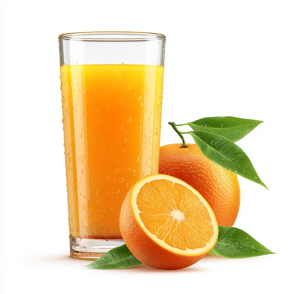 A tall glass of chilled orange juice is shown next to a whole orange and a juicy orange half.  Water droplets cling to the glass and leaves, enhancing the feeling of freshness. The vibrant colors of the fruit and juice create a visually appealing image of a healthy and refreshing beverage.