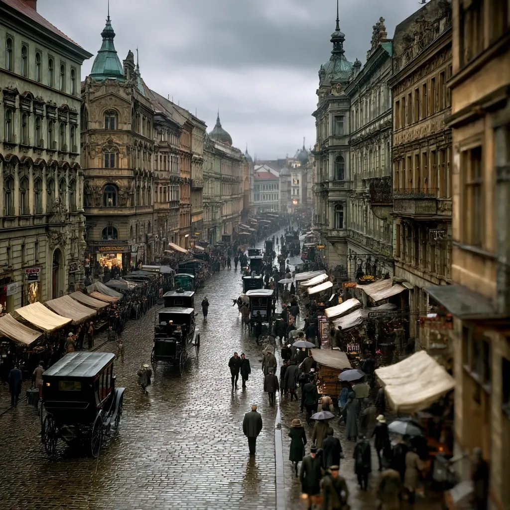 A rain-soaked cobblestone street in a European city, circa early 20th century, is filled with horse-drawn carriages and pedestrians.  Tall, ornate buildings line both sides, their architecture showcasing a blend of styles.  Market stalls with canvas awnings extend from the buildings, adding to the bustling atmosphere.  The overall scene evokes a sense of time and place, capturing a moment of daily life in a historical setting.
