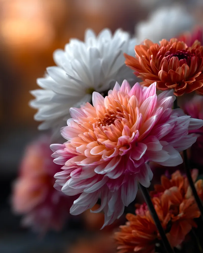 A close-up shot reveals a cluster of dahlias and chrysanthemums in varying shades of pink, white, and orange. The flowers are intricately detailed, with soft, overlapping petals.  The background is blurred, creating a bokeh effect that emphasizes the flowers' vibrant colors and textures.  The image evokes a feeling of delicate beauty and natural elegance.