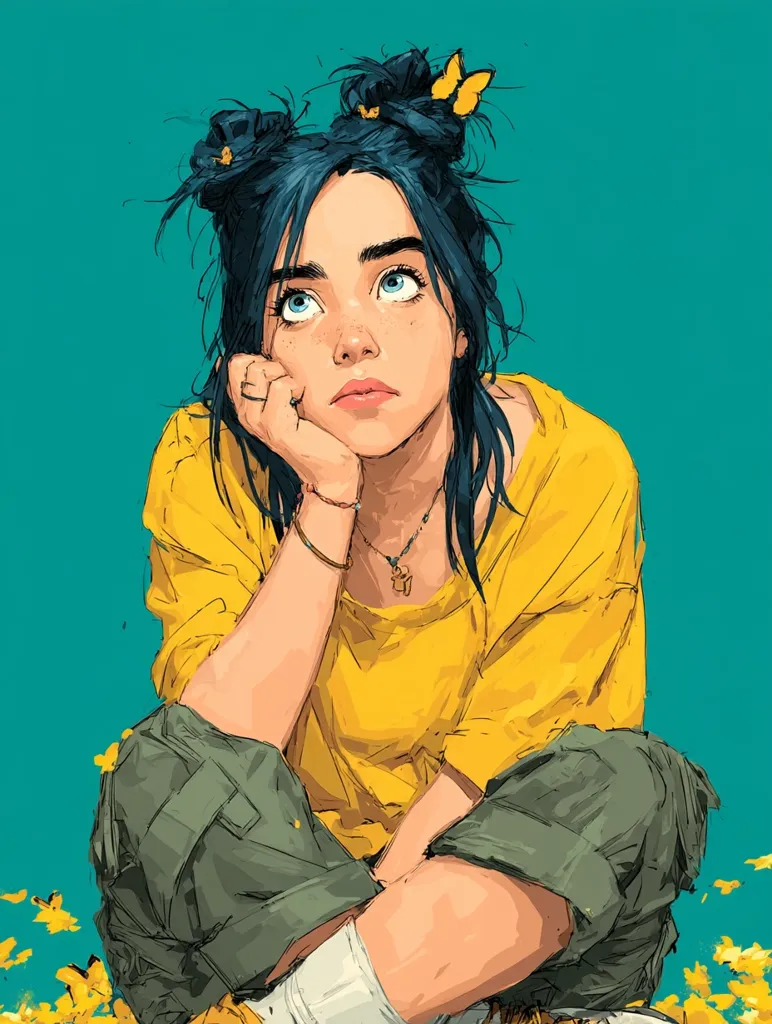 A stylized illustration depicts a young woman, possibly Billie Eilish, with dark blue hair styled in top buns adorned with yellow butterflies.  She's wearing a yellow shirt and olive green cargo pants, her hand resting thoughtfully on her chin.  Her gaze is directed upward, and she's seated amidst scattered yellow flowers against a teal background. The art style is loose and expressive, emphasizing texture and color.