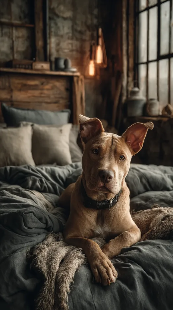 A light brown Pit Bull-type dog lies comfortably on a dark gray duvet, its paws neatly folded.  The dog gazes directly at the camera with a calm expression. The setting is a rustic bedroom with exposed brick, vintage furniture, and soft lighting from pendant lamps. A cozy, moody atmosphere pervades the scene.