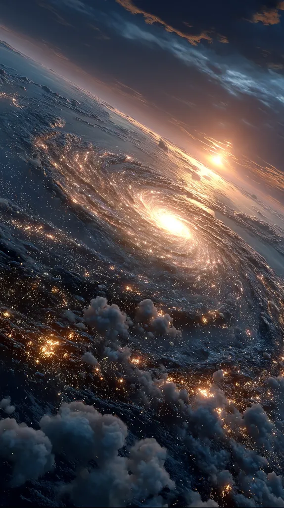 A breathtaking digital artwork depicts a swirling galaxy viewed from a unique perspective.  The galaxy's core radiates a bright, golden light, contrasting with the dark, star-studded expanse.  Clouds, seemingly terrestrial, drift across the cosmic scene, creating a surreal blend of earthly and celestial elements.  A vibrant sunset illuminates the upper portion of the image, adding a dramatic touch to this otherworldly vista.