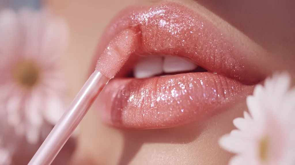Close-up of a person's lips with a pink glitter lip gloss being applied. The applicator is visible, and the gloss has a sparkly, shimmering effect.  Soft-focus pink flowers frame the lips, creating a soft and feminine aesthetic. The image focuses on the texture and application of the lip gloss.