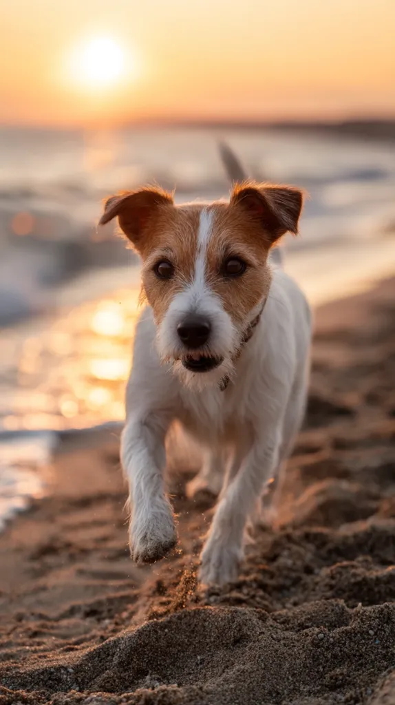 A Jack Russell Terrier runs towards the camera on a sandy beach at sunset.  The dog is in sharp focus, its fur a mix of white and brown. The warm golden light of the setting sun illuminates the scene, creating a beautiful backdrop.  The dog's playful energy is captured in the image as it playfully kicks up sand with its paws.