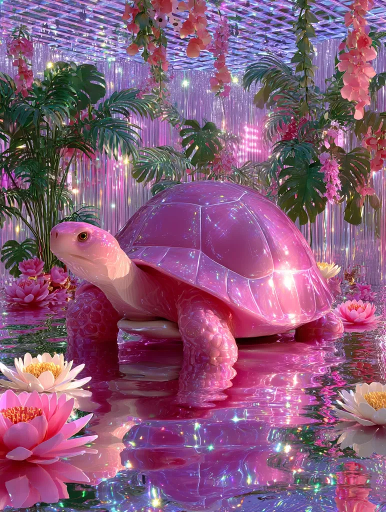 A large, shiny pink tortoise rests in a reflective pool of water, surrounded by vibrant pink and white lotus flowers and lush tropical plants.  The background features a shimmering purple curtain and hanging pink blossoms, creating a dreamy, surreal atmosphere.  The overall aesthetic is whimsical and highly saturated with pink hues and iridescent glitter.